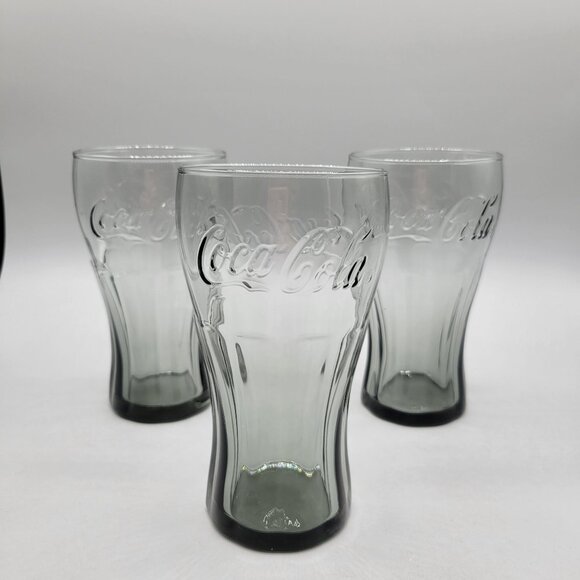 Vintage Libbey Coca-Cola Embossed Smokey Gray Glass Tumblers Set of 3 - Picture 1 of 6